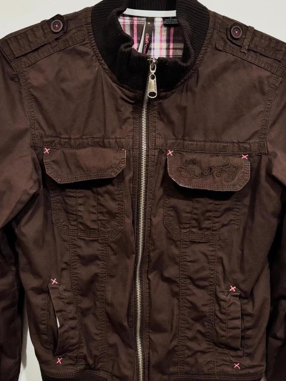 Brown Zip-Front Jacket with Pink Accent